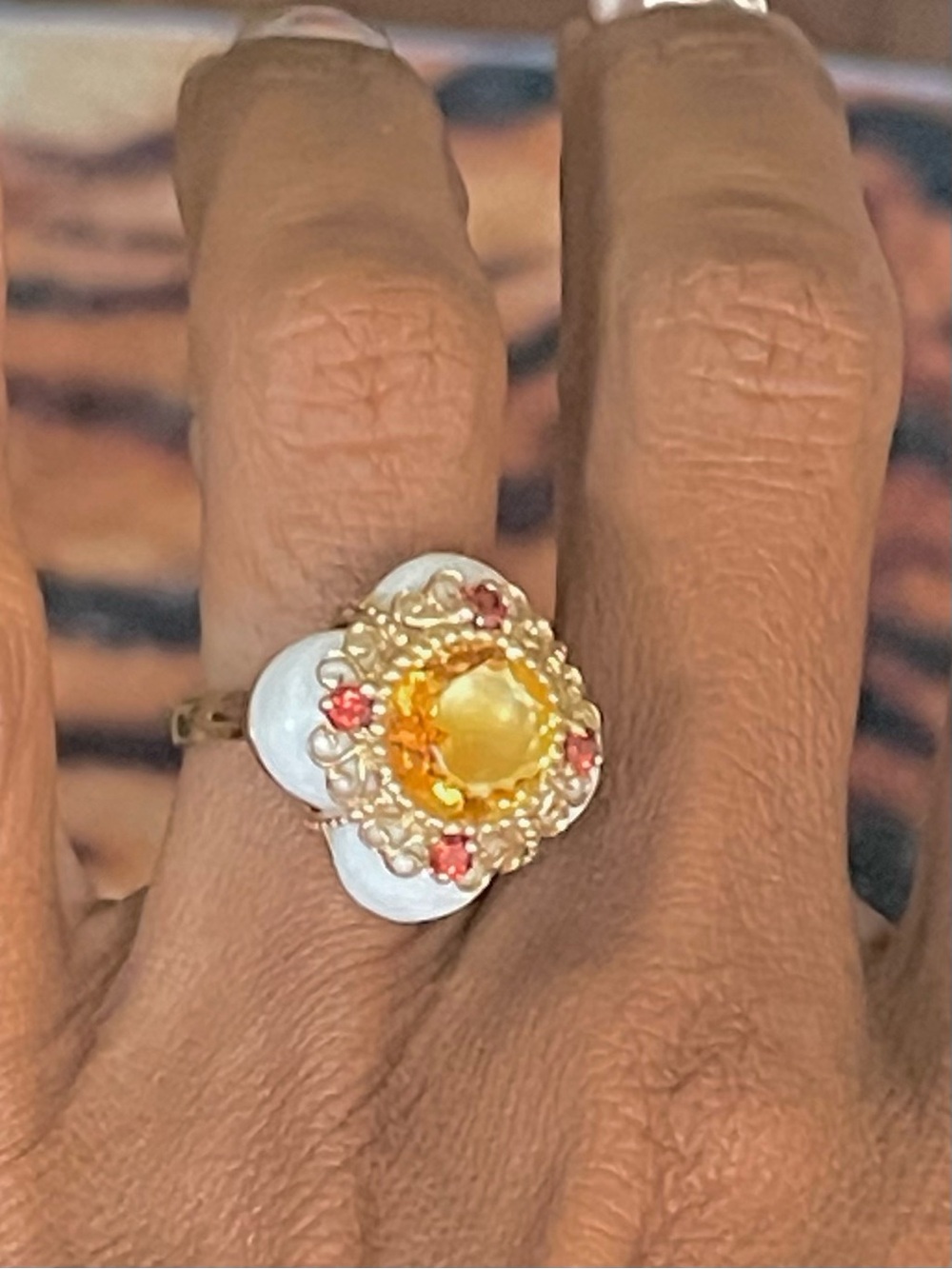 Gold and Yellow Floral Gemstone Ring with Pearl Accent